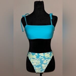 Forever 21 Tropical Print Teal & Lime Green Bikini Bottom Sz XL Top Sz L